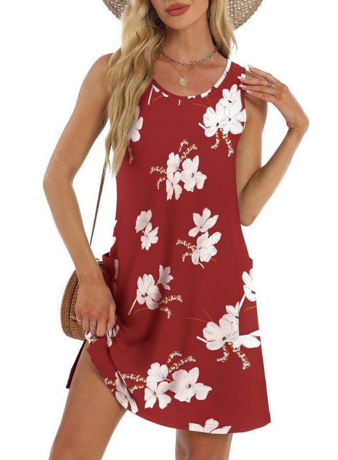 BKRIVE Coverup Summer Dresses for Women 2025 Eyelet Casual Loose Sleeveless Sundresses Tank Dresses with Pockets, Flora Red, XL - Image 1