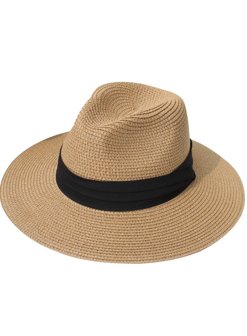 Classic Wide Brim Panama Hat for Women - Sun Protection Straw Fedora Beach Hat with Stylish Belt Buckle Design - Image 1