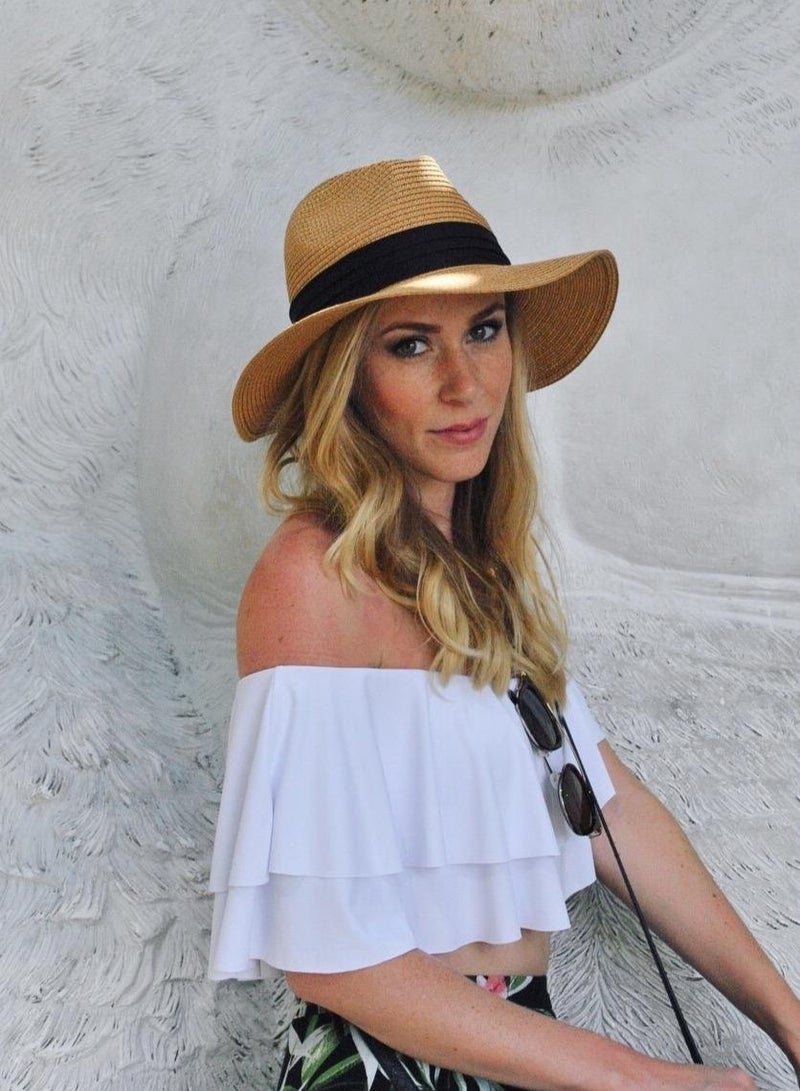 Classic Wide Brim Panama Hat for Women - Sun Protection Straw Fedora Beach Hat with Stylish Belt Buckle Design - Image 2