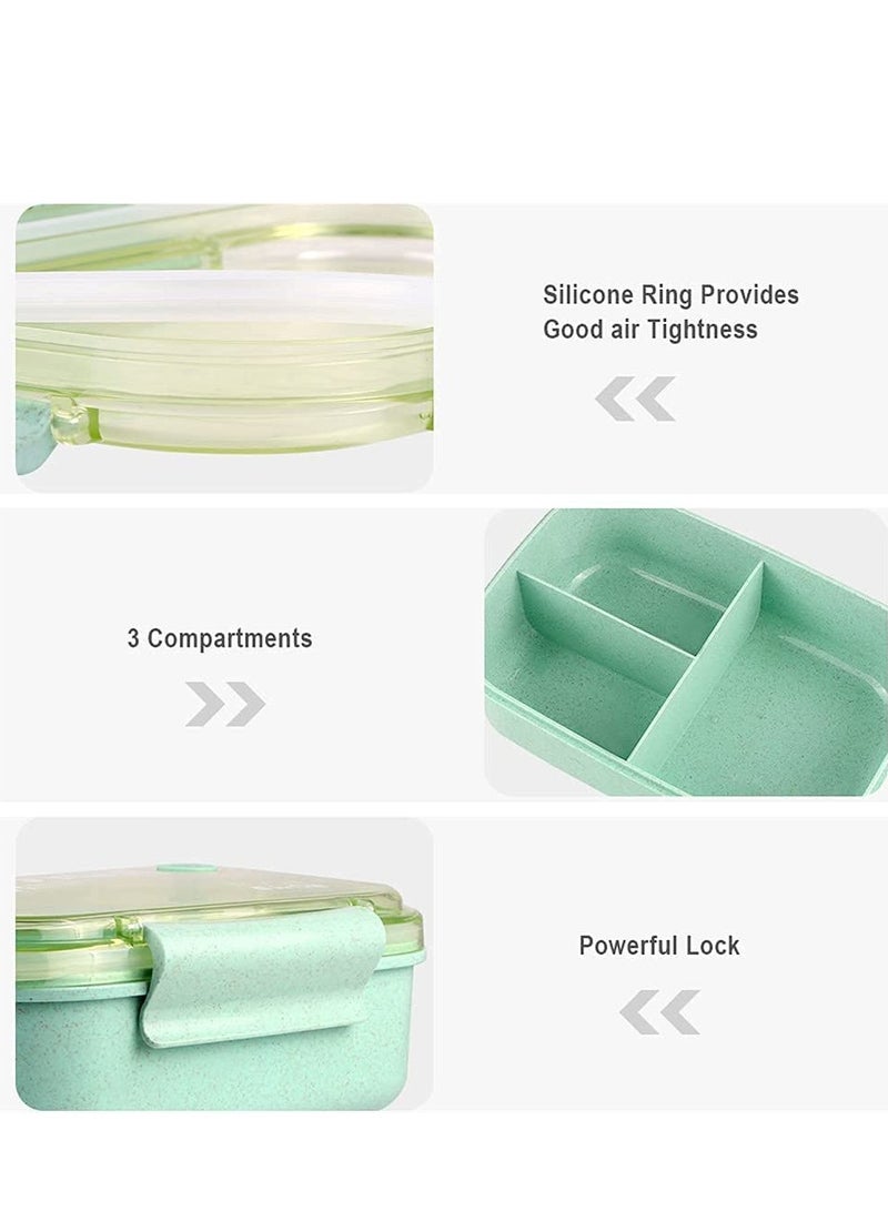 KASTWAVE صناديق غداء بنتو، صندوق بنتو 3 أقسام مع شوكة وملعقة، صندوق بنتو مقاوم للتسرب وآمن للاستخدام في الميكروويف، حاويات غداء بنتو من قش القمح خالية من BPA، صندوق بنتو للأطفال والبالغين (أخضر) - Image 3