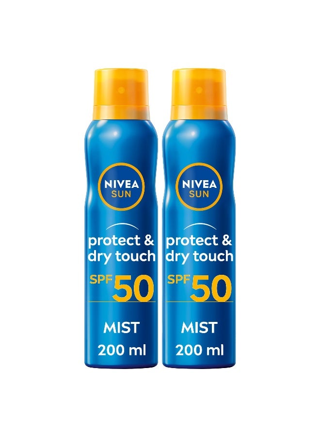 Nivea بخاخ شمس واقي ومجفف للمس SPF50، بخاخ شمس مقاوم للماء، حماية فورية من أشعة UVA/UVB، حروق الشمس والشيخوخة المبكرة، 200 مل، عبوة من 2 - Image 1