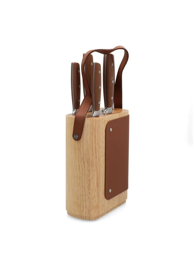 PARFAIT High Quality Kitchen Knife Set with Leather Stand Silver and Brown 36.7 x 10.1 x 22.6 cm 257W43001