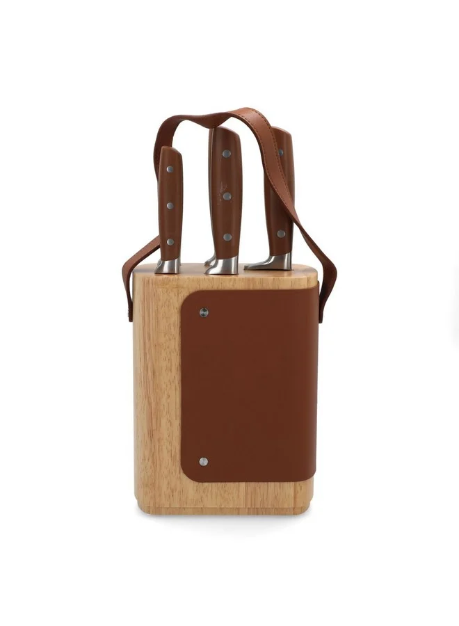 PARFAIT High Quality Kitchen Knife Set with Leather Stand Silver and Brown 36.7 x 10.1 x 22.6 cm 257W43001