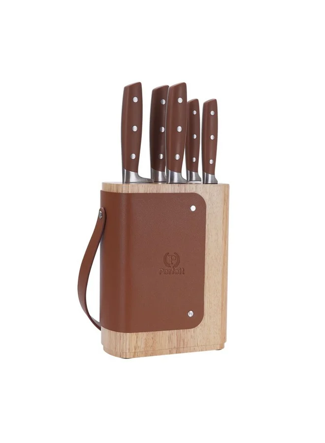 PARFAIT High Quality Kitchen Knife Set with Leather Stand Silver and Brown 36.7 x 10.1 x 22.6 cm 257W43001