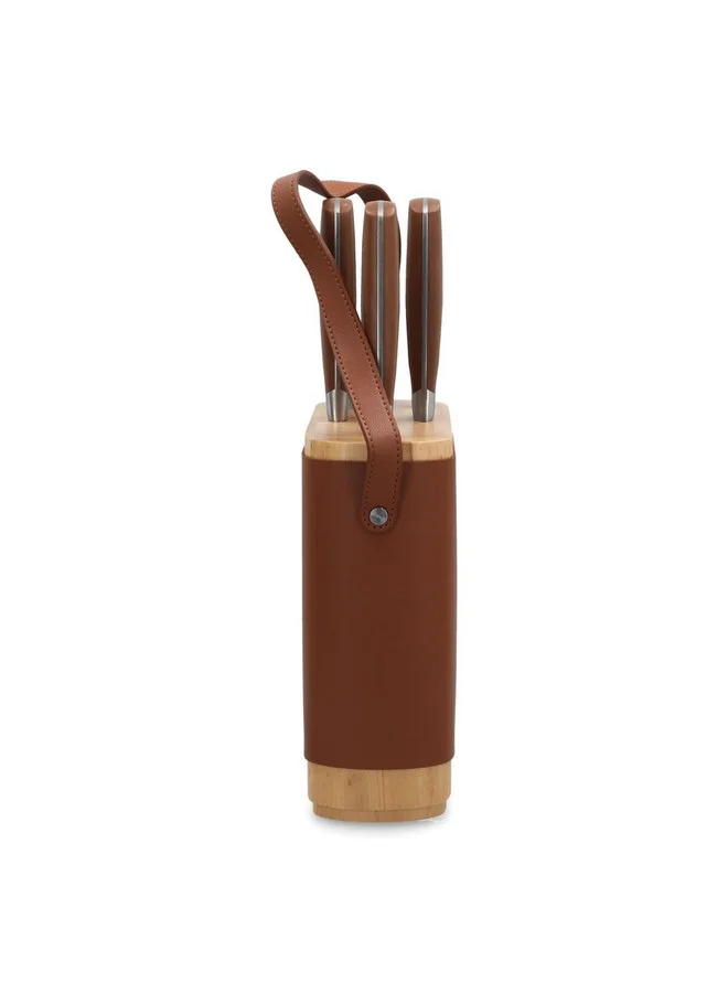 PARFAIT High Quality Kitchen Knife Set with Leather Stand Silver and Brown 36.7 x 10.1 x 22.6 cm 257W43001
