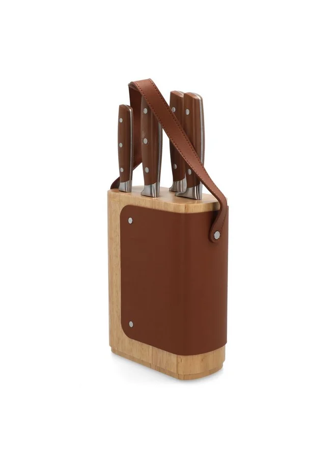 PARFAIT High Quality Kitchen Knife Set with Leather Stand Silver and Brown 36.7 x 10.1 x 22.6 cm 257W43001