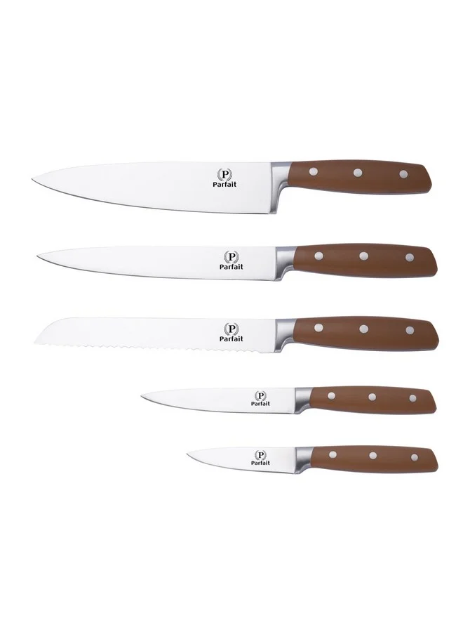 PARFAIT High Quality Kitchen Knife Set with Leather Stand Silver and Brown 36.7 x 10.1 x 22.6 cm 257W43001