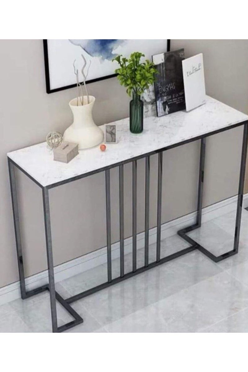 Modern design console with marble top and black steel frame