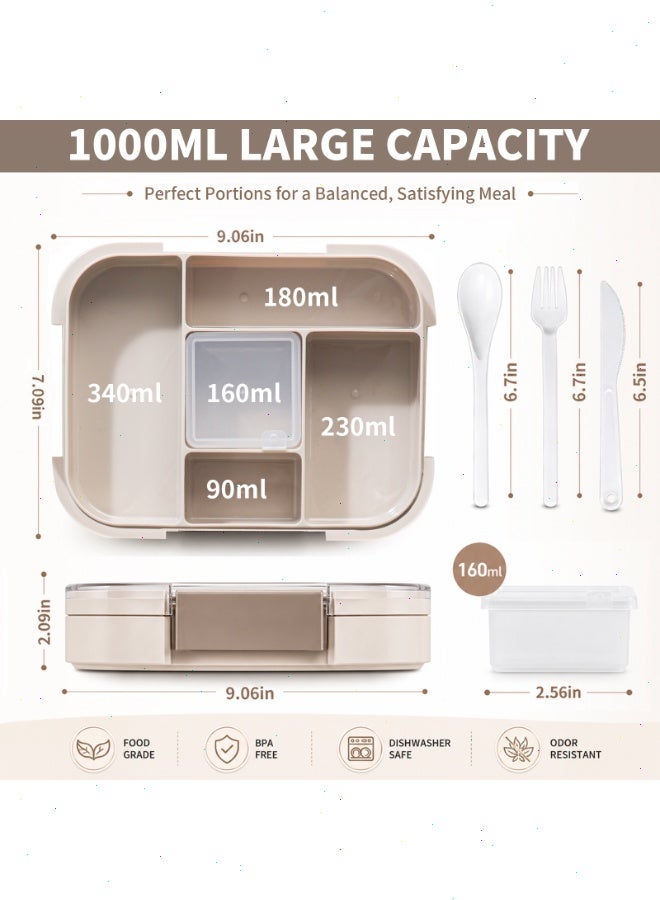 Lunch Box for Kids，5-Compartment 1000ML Bento Box, Microwave Safe Leakproof Lunch Container for School,Picnics (Beige) - Image 3
