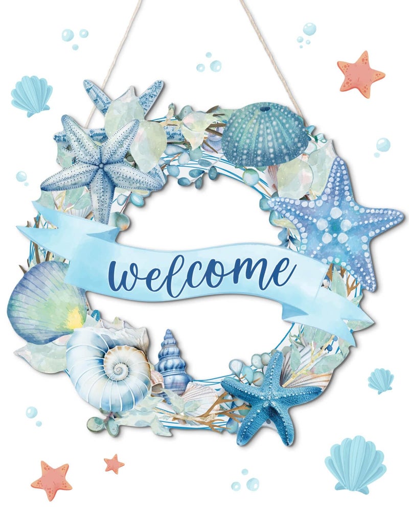Putuo Decor Beach Wreaths - Ocean Welcome Sign, Wood Material, Summer Beach Decor for Front Door, Sea Turtle Design - Image 1
