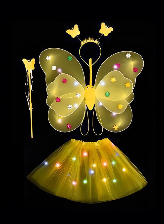 4 PCS LED Glowing Butterfly Wings Back Decoration with 1 Headband 1 Skirt 1 Fairy Stick for Little Girl,Light Up luminous Costume for Party Photo Prop Party Favor (Yellow)  - Image 1
