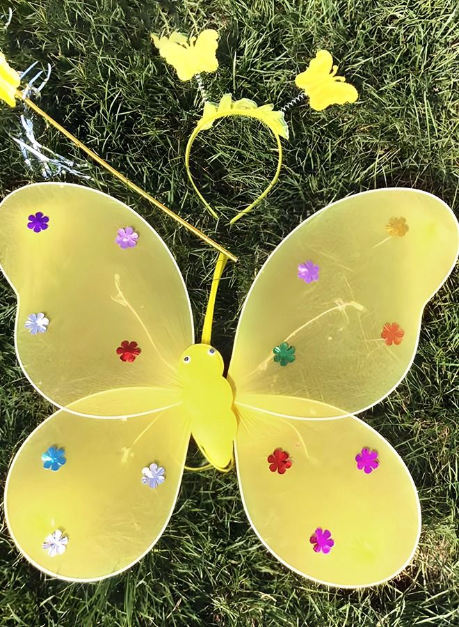 4 PCS LED Glowing Butterfly Wings Back Decoration with 1 Headband 1 Skirt 1 Fairy Stick for Little Girl,Light Up luminous Costume for Party Photo Prop Party Favor (Yellow)  - Image 4