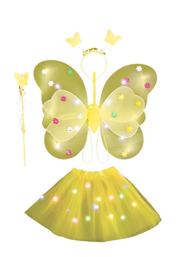 4 PCS LED Glowing Butterfly Wings Back Decoration with 1 Headband 1 Skirt 1 Fairy Stick for Little Girl,Light Up luminous Costume for Party Photo Prop Party Favor (Yellow)  - Image 3