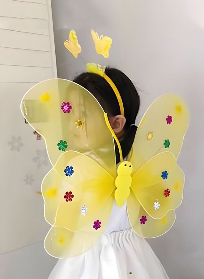 4 PCS LED Glowing Butterfly Wings Back Decoration with 1 Headband 1 Skirt 1 Fairy Stick for Little Girl,Light Up luminous Costume for Party Photo Prop Party Favor (Yellow)  - Image 2