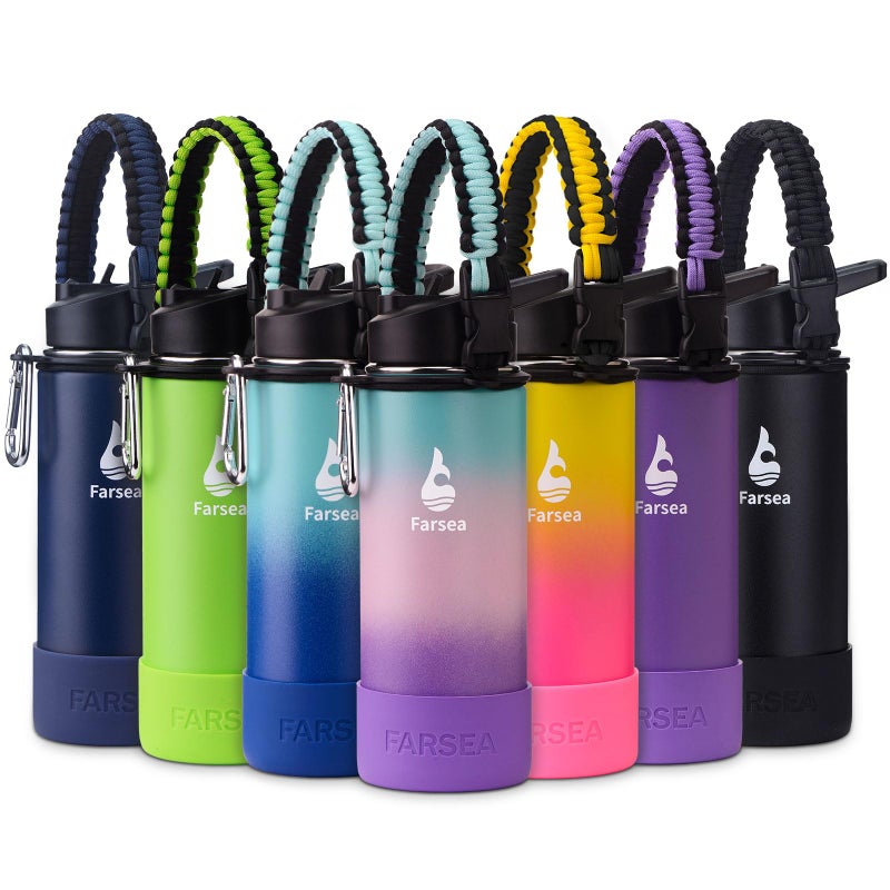 Farsea Insulated Water Bottle With Paracord Handle, Protective Boot and 2 Lids (Straw Lid & Spout Lid), Stainless Steel Water Bottle Wide Mouth, Double Wall Sweat-Proof BPA-Free, 18 oz - Image 1