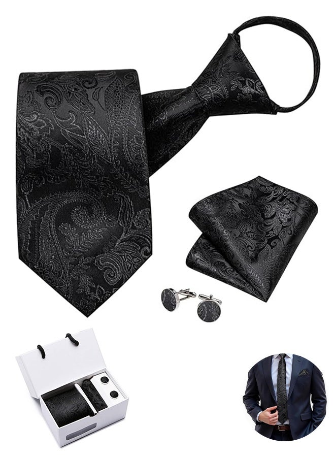 Sweet Life Silk Zipper Ties for Men, Paisley Solid Plaid Pre, tied Tie and Pocket Square Cufflinks Set Formal Adjustable Necktie - Image 1
