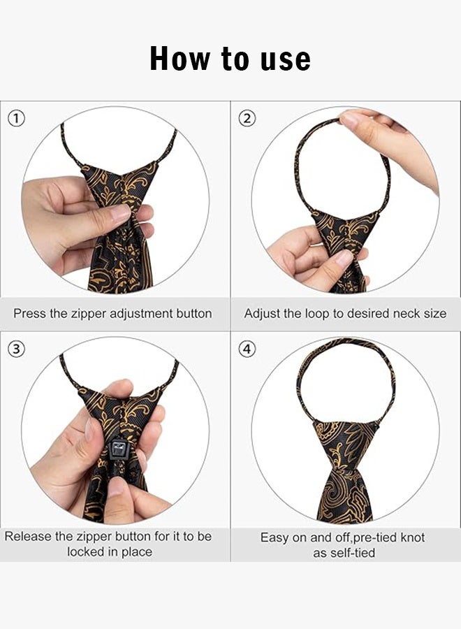 Sweet Life Silk Zipper Ties for Men, Paisley Solid Plaid Pre, tied Tie and Pocket Square Cufflinks Set Formal Adjustable Necktie - Image 3