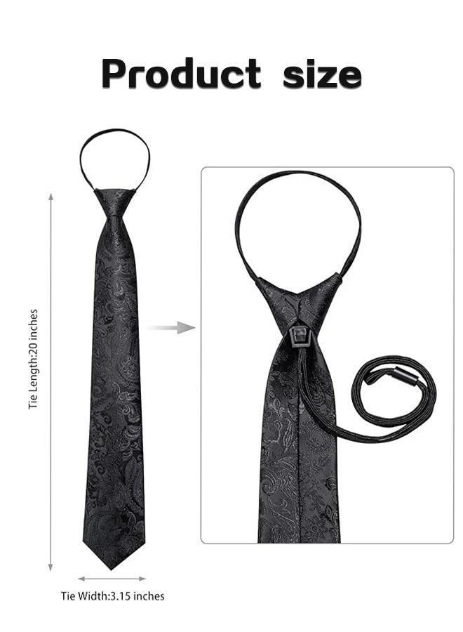 Sweet Life Silk Zipper Ties for Men, Paisley Solid Plaid Pre, tied Tie and Pocket Square Cufflinks Set Formal Adjustable Necktie - Image 4