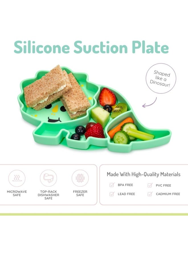 melii طبق شفط سيليكون للأطفال - طبق مقسم على شكل ديناصور مع قاعدة شفط - خالي من BPA، آمن للاستخدام في الميكروويف وغسالة الصحون - أخضر - Image 2