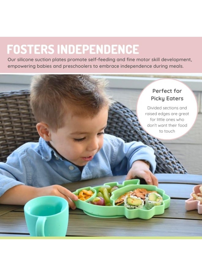 melii طبق شفط سيليكون للأطفال - طبق مقسم على شكل ديناصور مع قاعدة شفط - خالي من BPA، آمن للاستخدام في الميكروويف وغسالة الصحون - أخضر - Image 5