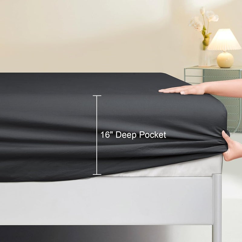 PHF شريحة سرير ملكية مصنوعة من القطن المغسول 100% (198 سم × 200 سم)، شريحة قطنية ناعمة من كوزي كلاود، جيب عميق 40 سم، سهلة التركيب وقابلة للتنفس، سوداء - Image 4