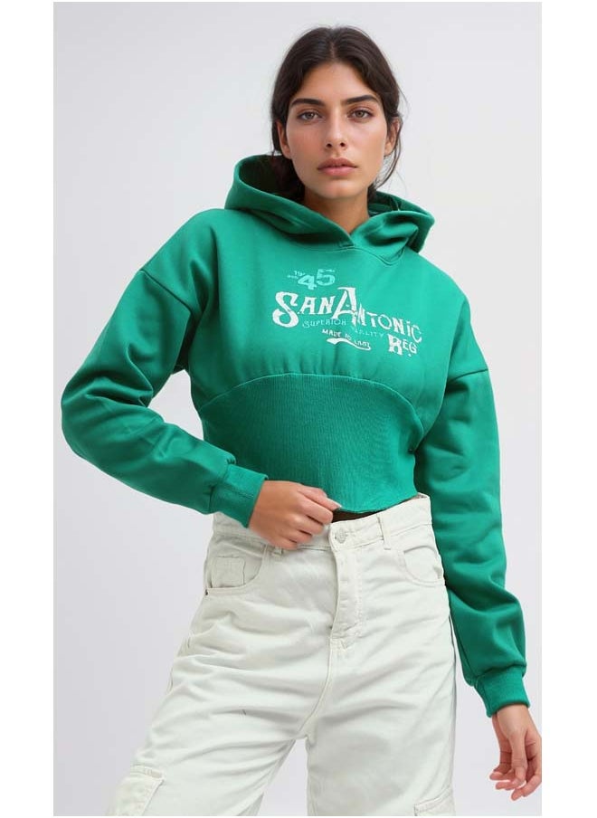RAVIN Green Printed Cropped Hoodie Sweetshirt  - Image 1