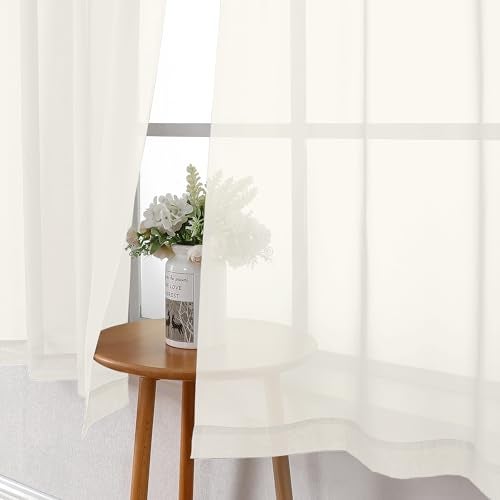 Lecloud Short Sheer Curtains 54 Inches Length 2 Panels, Light Filtering Voile Curtain Drapes for Half Window Kitchen Bedroom, Basic Rod Pocket Living Room Sheer Curtains, 40Wx54L Inches, Ivory - Image 3
