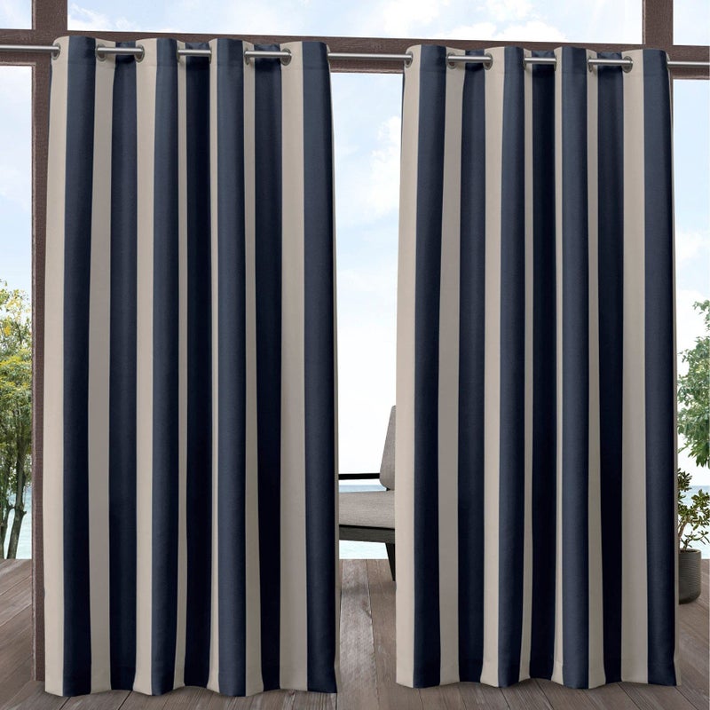 Exclusive Home Exclusive Home Canopy Stripe IndoorOutdoor Grommet Top Curtain Panel 54x96 Navy  Sand Set of 2