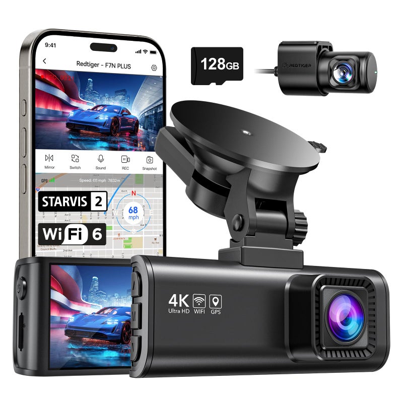 REDTIGER 4K Dash Cam Front Rear STARVIS 2 Sensor Free Card Included 58GHz WiFi20MBs Fast Download Dash Camera for Cars with GPS WDR Night Vision 170Wide Angle 24H Parking ModeF7NP - Image 2