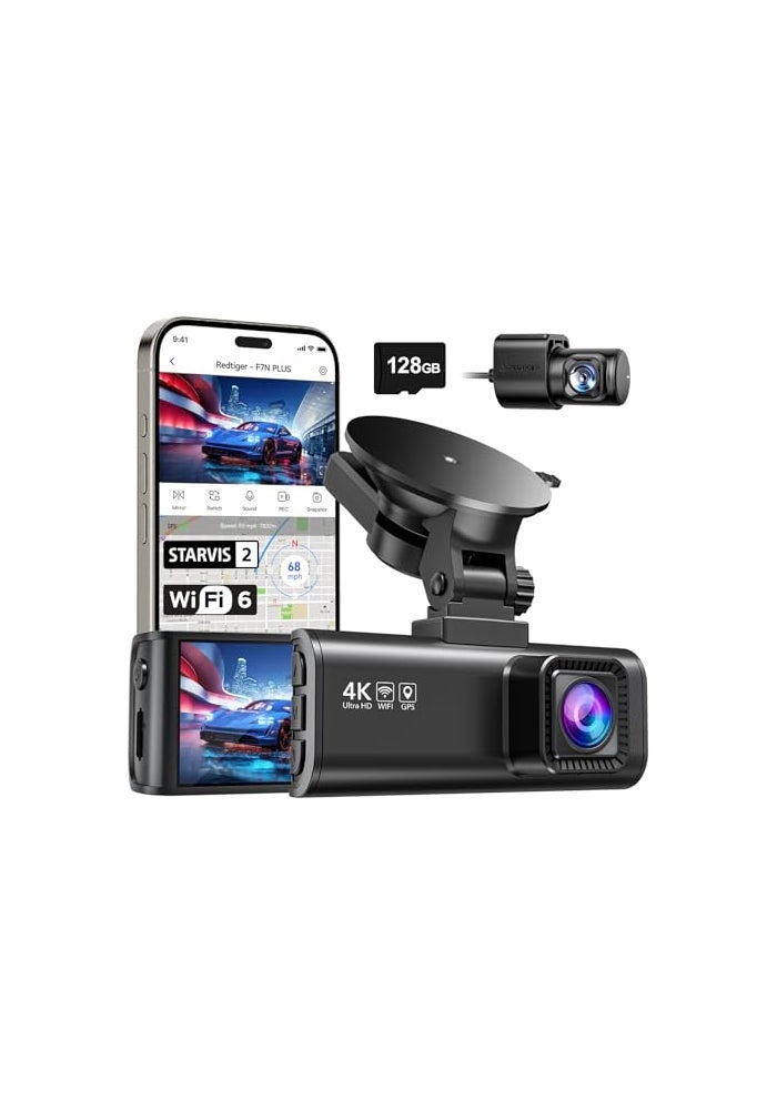 REDTIGER 4K Dash Cam Front Rear STARVIS 2 Sensor Free Card Included 58GHz WiFi20MBs Fast Download Dash Camera for Cars with GPS WDR Night Vision 170Wide Angle 24H Parking ModeF7NP - Image 1