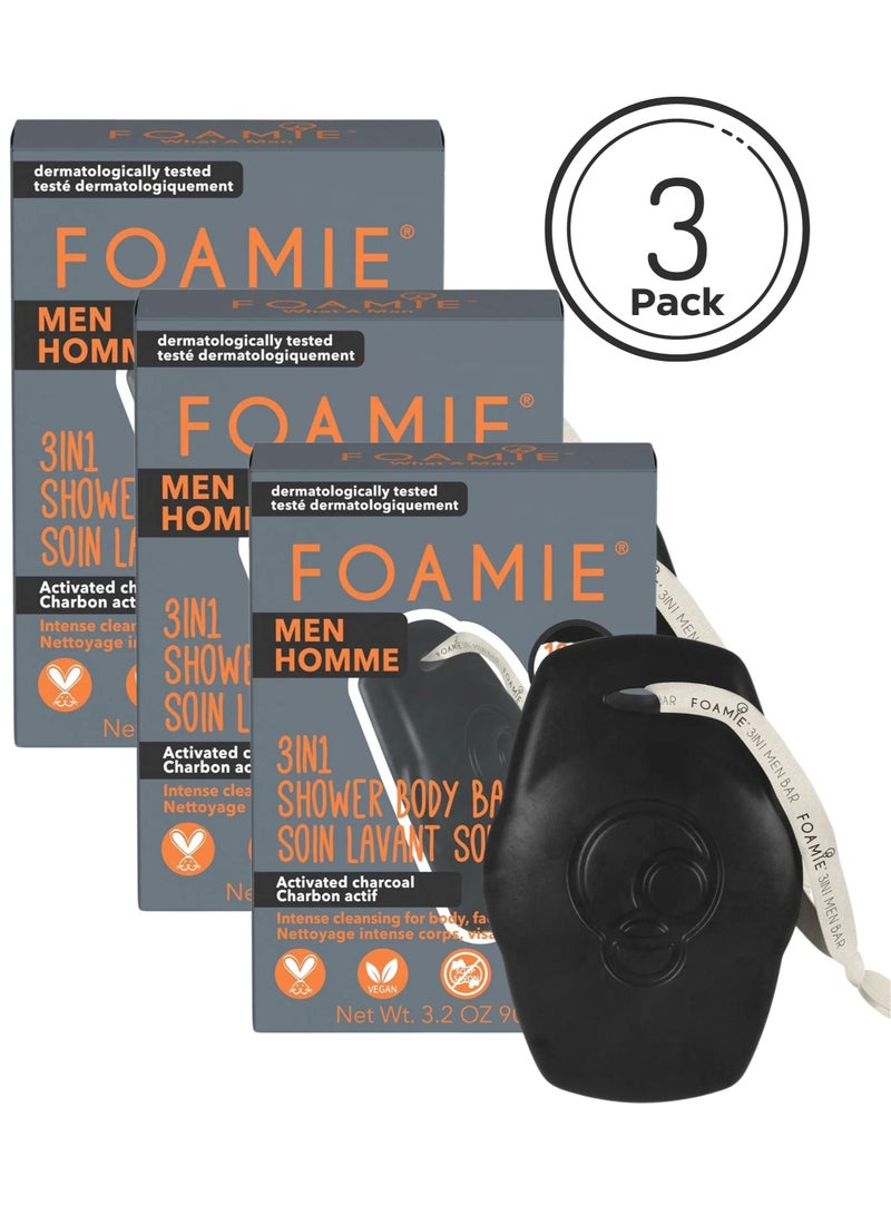 FOAMIE Charcoal, Rosewood & Tonka Bean 3-in-1 Shower Bar Pack of 3 - Image 1
