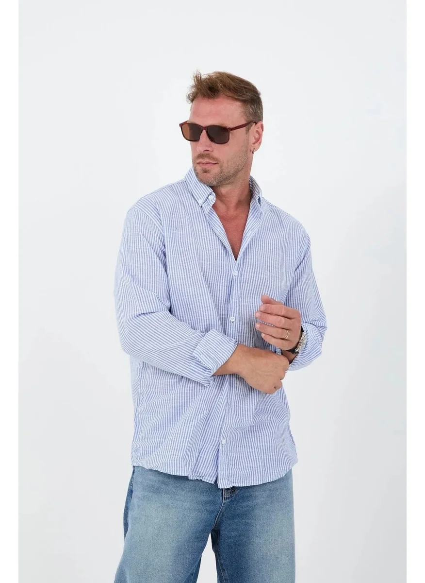 Valiberta Vertical Stripe Striped Flam Linen Shirt - Blue