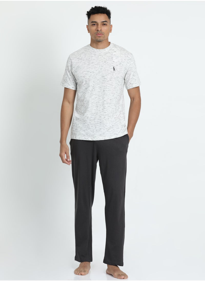 victor and jane - Men's Cotton Pyjama Sets with Round Neck T-shirt in Grey with Dark Grey long pants - Image 1