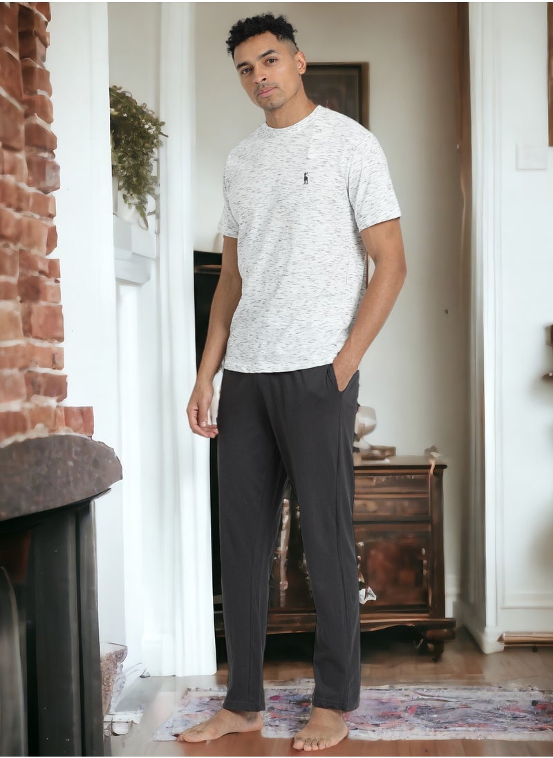 victor and jane - Men's Cotton Pyjama Sets with Round Neck T-shirt in Grey with Dark Grey long pants - Image 1