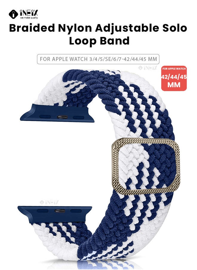INEIX - Braided Nylon Adjustable Solo Loop Band For Apple Watch 42/44/45 mm - Blue/White - Image 1