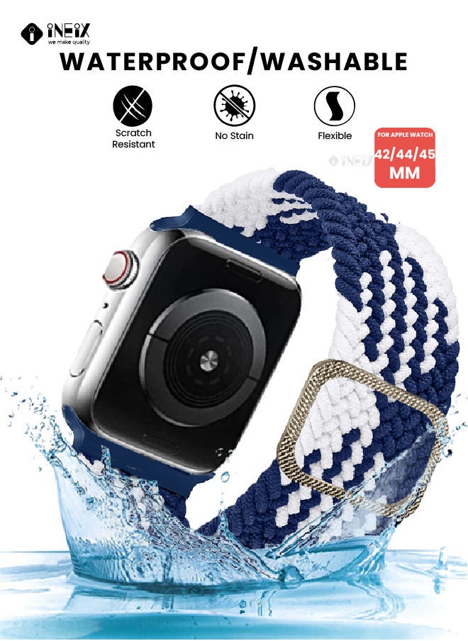 INEIX - Braided Nylon Adjustable Solo Loop Band For Apple Watch 42/44/45 mm - Blue/White - Image 1