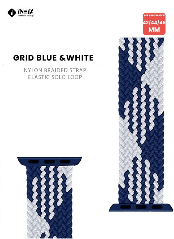 INEIX - Braided Nylon Adjustable Solo Loop Band For Apple Watch 42/44/45 mm - Blue/White - Image 1