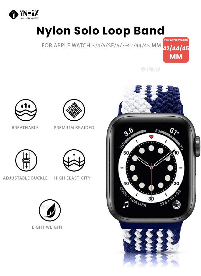 INEIX - Braided Nylon Adjustable Solo Loop Band For Apple Watch 42/44/45 mm - Blue/White - Image 1