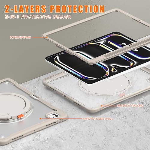 Batianda for iPad Pro 13 inch Case 2025 M5 2024 M4 Chip Lightweight Dual-Layer Protective Tablet Cover, Durable Shock-Absorbing Corners with 360° Rotating Kickstand Ring Built-in Pen Slot, Khaki - Image 3
