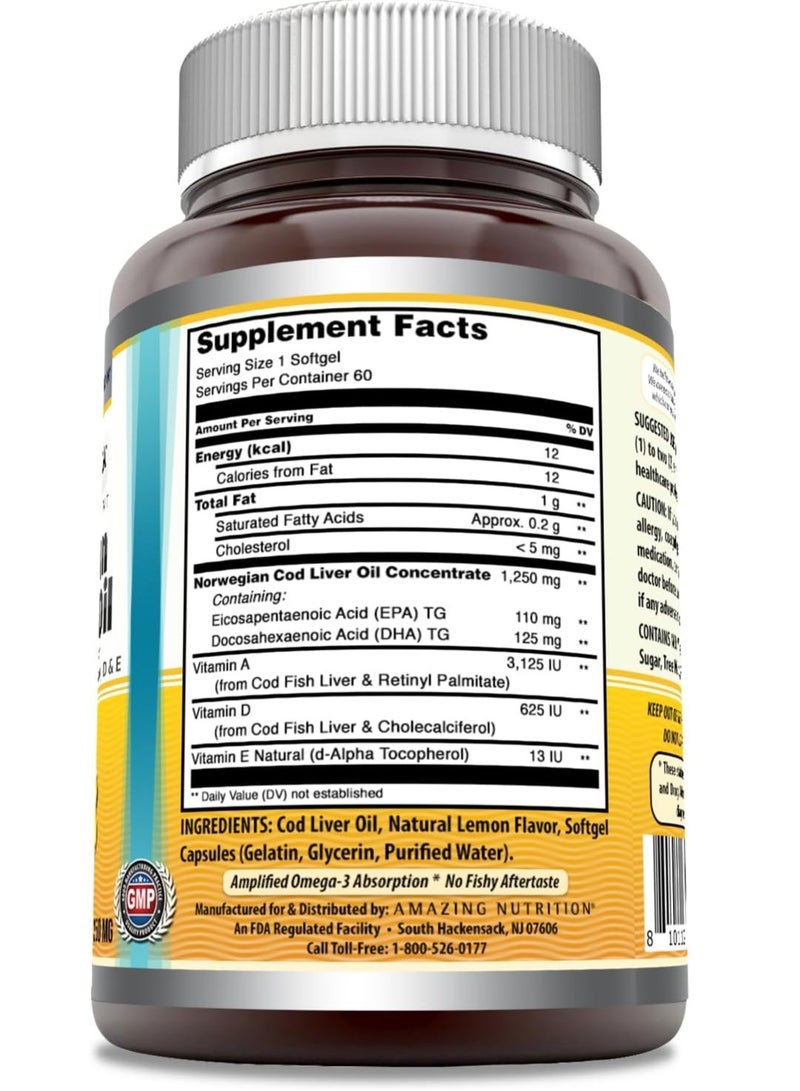 أميزينغ نيوترشن زيت كبد سمك القد النرويجي المذهل أوميغا 3، EPA، DHA، فيتامين A، فيتامين D وفيتامين E 1250 ملغ، 60 قطعة - Image 2