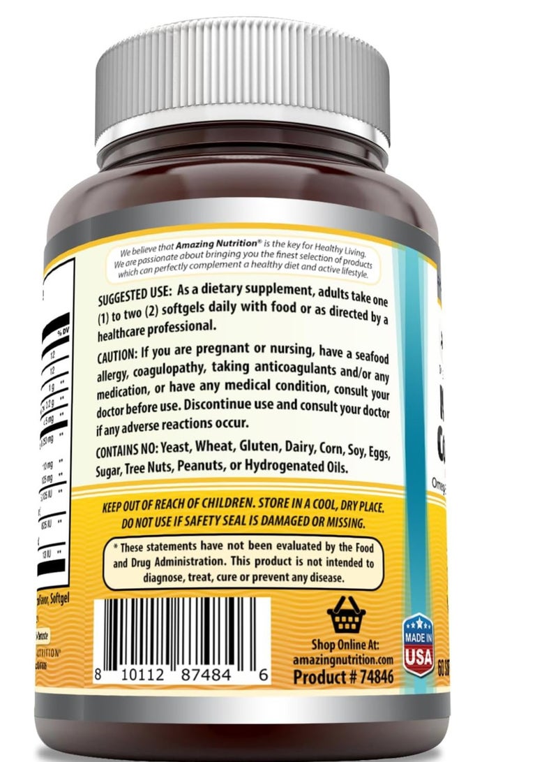 أميزينغ نيوترشن زيت كبد سمك القد النرويجي المذهل أوميغا 3، EPA، DHA، فيتامين A، فيتامين D وفيتامين E 1250 ملغ، 60 قطعة - Image 3