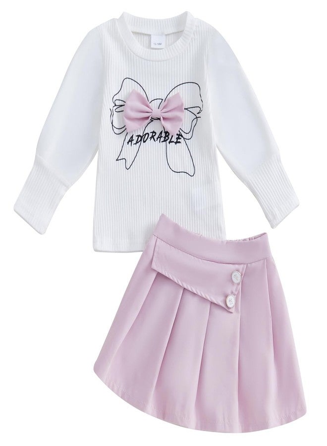 BOIZONTY Toddler Baby Girl Winter Outfits Big Bowknot Sweaters Shirt+Ruffled Pink Uniform Skirts Dress Kids Fall Clothes Set (Adorable Pink Skirts,18-24 Months) - Image 1