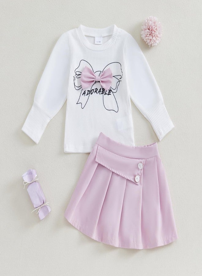 BOIZONTY Toddler Baby Girl Winter Outfits Big Bowknot Sweaters Shirt+Ruffled Pink Uniform Skirts Dress Kids Fall Clothes Set (Adorable Pink Skirts,18-24 Months) - Image 2
