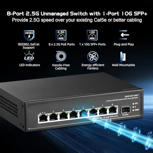 Binardat 9 Port 2.5G PoE Switch with 10G SFP+ Port, 8x2.5G Base-T Ports Compatible with 100/1000Mbps, IEEE802.3af/at 135W, Unmanaged Fanless Rackmount Ethernet Switch - Image 2