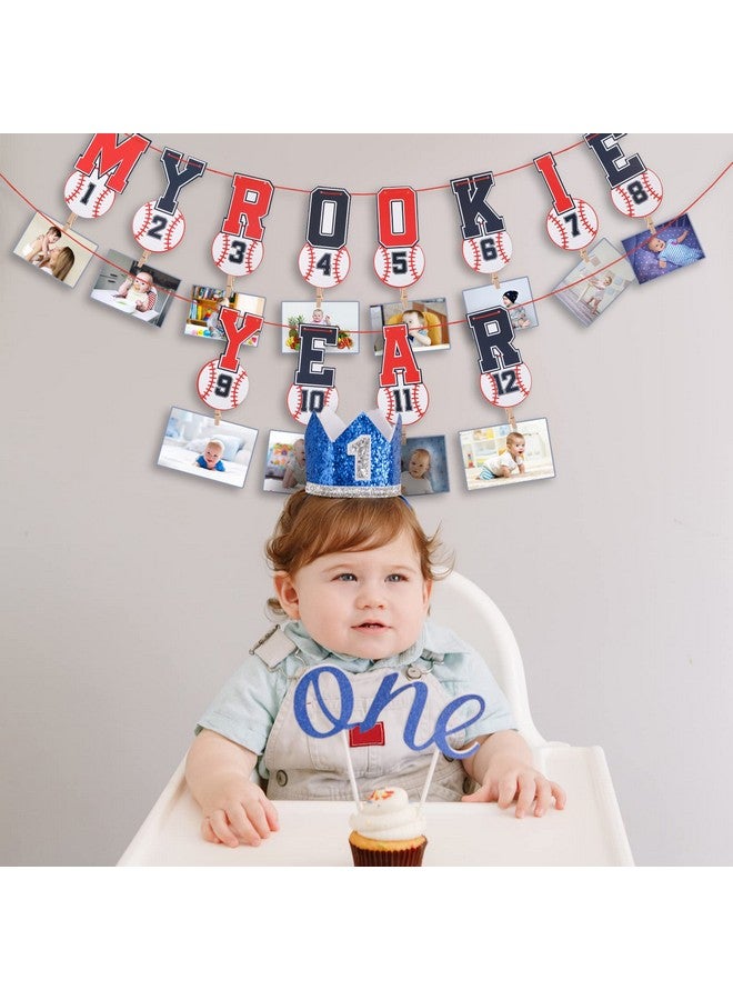 Geyee 2 Pcs 1st Birthday Monthly Photo Banner Rookie of the Year 1st Birthday Banner Year Picture One High Chair Sports Party Supplies Shower Decorations (Baseball) - Image 5