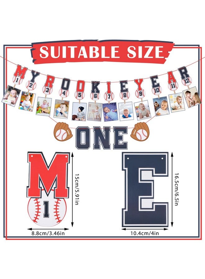 Geyee 2 Pcs 1st Birthday Monthly Photo Banner Rookie of the Year 1st Birthday Banner Year Picture One High Chair Sports Party Supplies Shower Decorations (Baseball) - Image 2