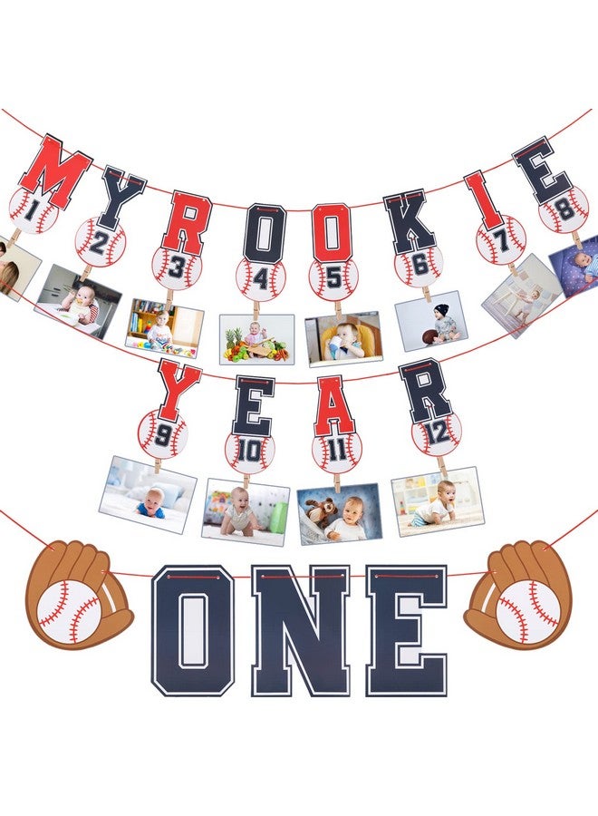 Geyee 2 Pcs 1st Birthday Monthly Photo Banner Rookie of the Year 1st Birthday Banner Year Picture One High Chair Sports Party Supplies Shower Decorations (Baseball) - Image 1