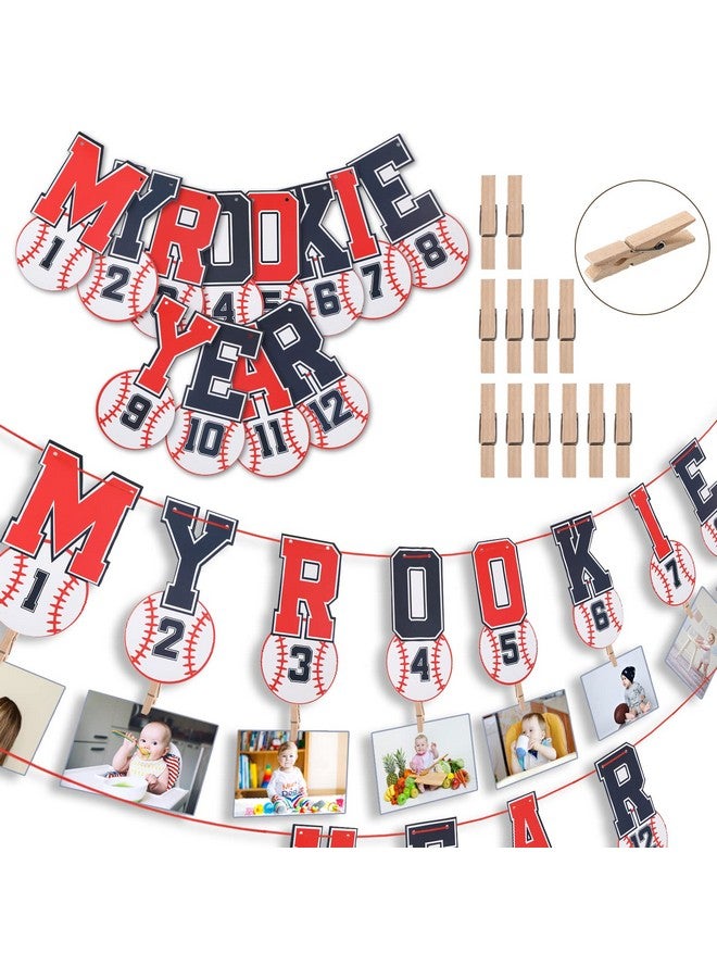 Geyee 2 Pcs 1st Birthday Monthly Photo Banner Rookie of the Year 1st Birthday Banner Year Picture One High Chair Sports Party Supplies Shower Decorations (Baseball) - Image 3