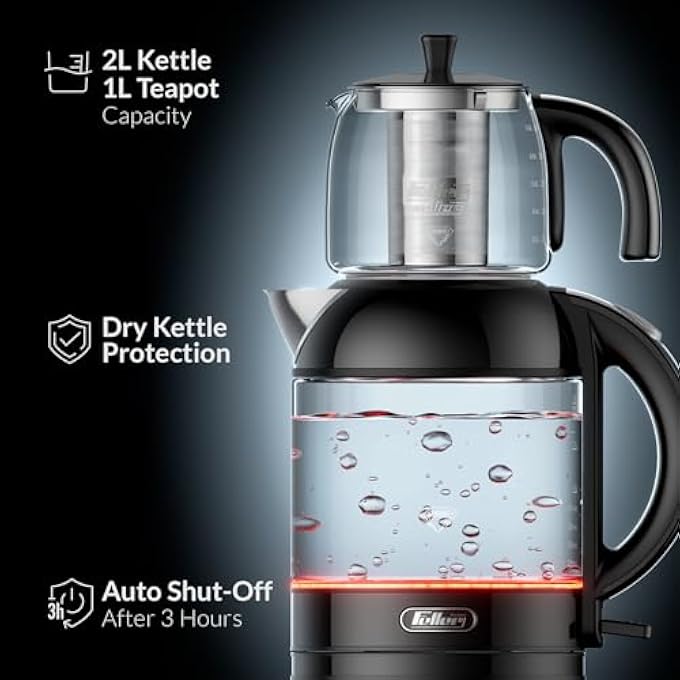 Feller Germany 2200W 2In1 Teamaker 2L Glass Kettle1L Teapot By German Technology Strix KeepWarmBoilDryOverheat Stainless Steel Teapot Kit Ts288 2Y GuaranteeUae Version Black - Image 3