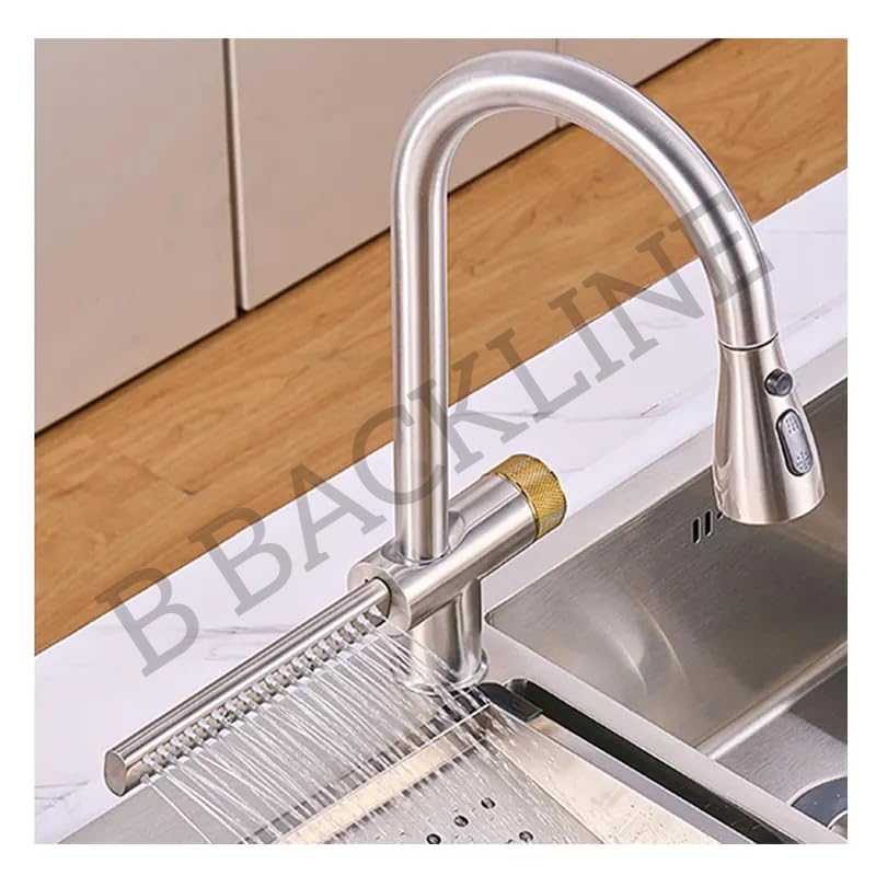 B BACKLINE Backline Brass Waterfall Kitchen Sink Hot & Cold Mixer Faucet 360° Rotatable Pull Out Kitchen Faucet Multi-Function Dual Spray Head Technology/Kitchen Sink Tap (Brushed Nickel) - Image 4